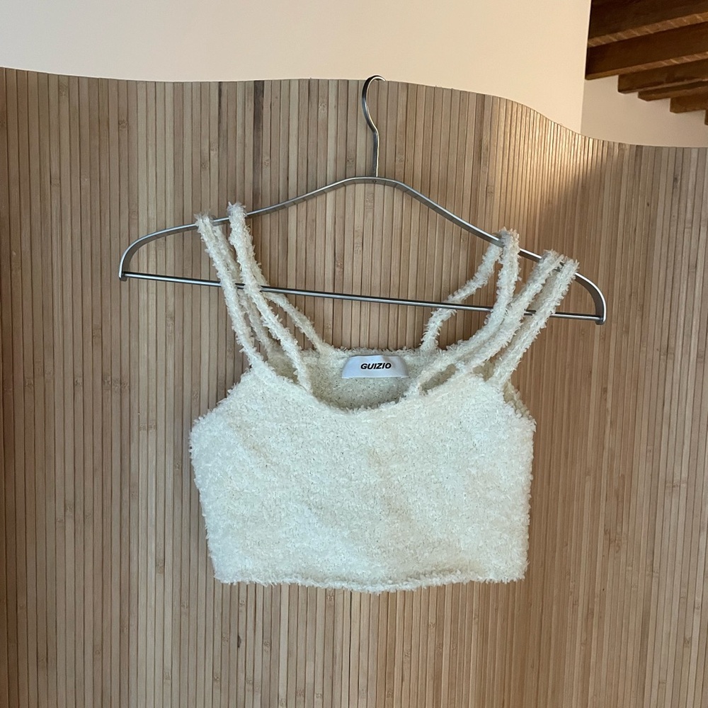 Danielle Guizio Cream Fuzzy Crop Top